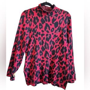 Dennis Basso Red and Black Leopard Print Long Sleeve Top. NWOT